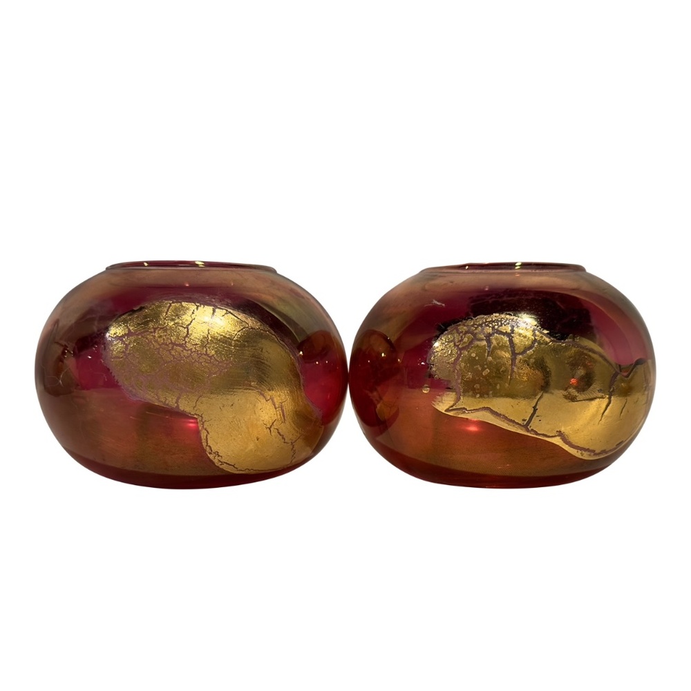 Italian Ruby Crystal Candle Holder Gold Leaf Tea Lights or Votive Italy